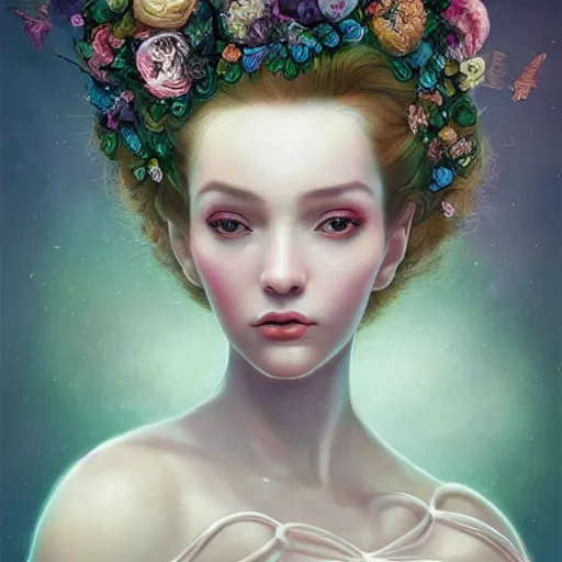 Prompt: surreal, beautiful, young woman, in renaissance times, detailed gorgeous face, sad eyes, vaporwave aesthetic, synthwave long luxurious gown made out of pearls, hair done up with flowers and ribbons, digital art, butterflies, birds, digital painting, artstation, concept art, smooth, sharp focus, illustration, art by Marcela Bolivar, artgerm and greg rutkowski and alphonse mucha