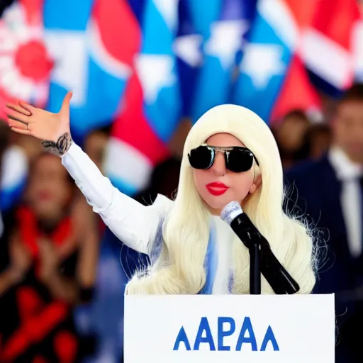 Image similar to Lady Gaga as president, Argentina presidential rally, Argentine flags behind, bokeh, giving a speech, detailed face, Argentina