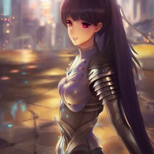 Image similar to A realistic anime painting of a beautiful female knight standing in a futuristic city. digital painting by Sakimichan, Makoto Shinkai, WLOP, Rossdraws, Pixivs and , digital painting. trending on Pixiv. SFW version —H 1080 —W 1920