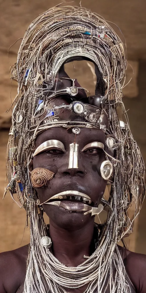 Prompt: a beautiful cyborg made of east african ceremonial maske