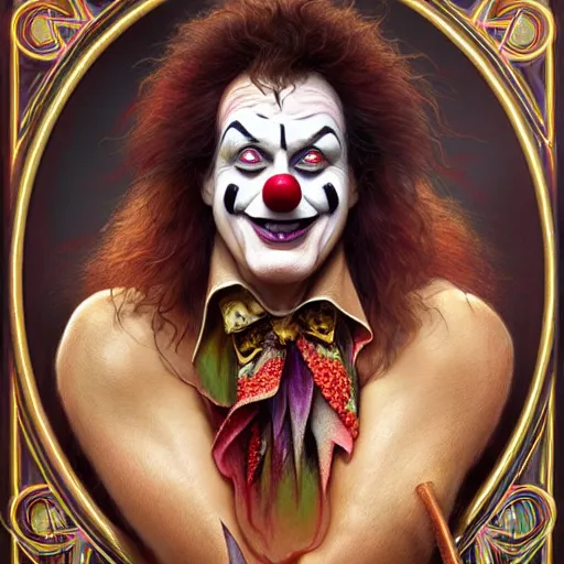 Prompt: ted nugent in clown makeup ethereal, handsome, d & d, fantasy, intricate, elegant, highly detailed, digital painting, artstation, concept art, matte, sharp focus, illustration, art by artgerm and greg rutkowski and alphonse mucha