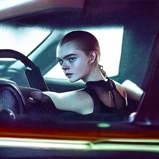 Prompt: silhouette of Elle Fanning in a black cyberpunk car, stormy weather, extremely detailed masterpiece, oil on canvas, low-key neon lighting, artstation, Blade Runner 2049, Roger Deakin’s cinematography, by J. C. Leyendecker and Peter Paul Rubens,