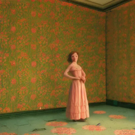 Image similar to a flowery girl in an soviet golden liminal abandoned room, film still by wes anderson, depicted by balthus, limited color palette, very intricate, art nouveau, highly detailed, lights by hopper, soft pastel colors