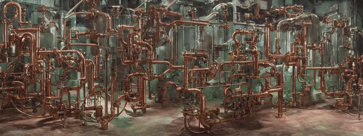 Image similar to a super high resolution film still of machine apparatus for making snake oil, huge copper machine fed by a hopper of snakes, purple and green pipework, directed by denis villeneuve, 8 k, snake machine, cinematic lighting