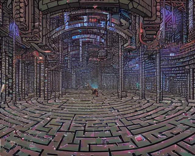 Image similar to interior of an underground maze within a large cyberpunk complex, pixelart, brutalism, volumetric lighting, 8 k, art by dan mumford, greg rutowski, johan grenier