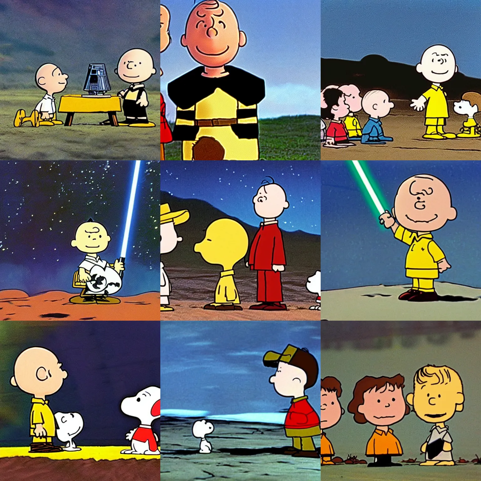 Prompt: film still of charlie brown in star wars ( 1 9 7 7 )