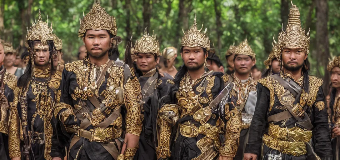 Prompt: matte close - up portrait of smart and handsome khmer warlords who assemble in the forest backlighting in crowd of battlefield, ethnic costume, leather and metal armored, traditional decoration, elegant, loin cloth, highly detailed, 8 k, cinematic lighting, global illumination, ornate, super detailed, faded color polaroid, a colorized photo, colorized, # film, movie still