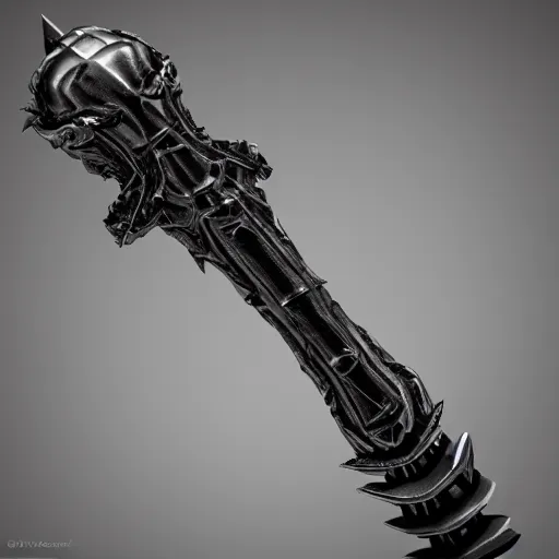Prompt: a black sword skull handle, ornament, weapon, a 3 d render by dom qwek, studio lighting, raytracing, trending on polycount, futurism, hard surface modeling, rendered in maya, 3 ds max, blender, artstation hd, vray, front side view