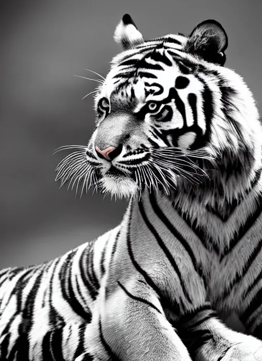 Prompt: two tiger black and white portrait white sky in background