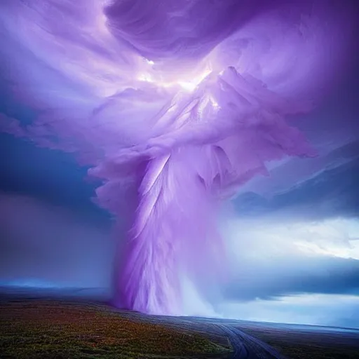 Prompt: amazing photo of a purple clouds in the shape of a tornado by marc adamus, digital art, beautiful dramatic lighting