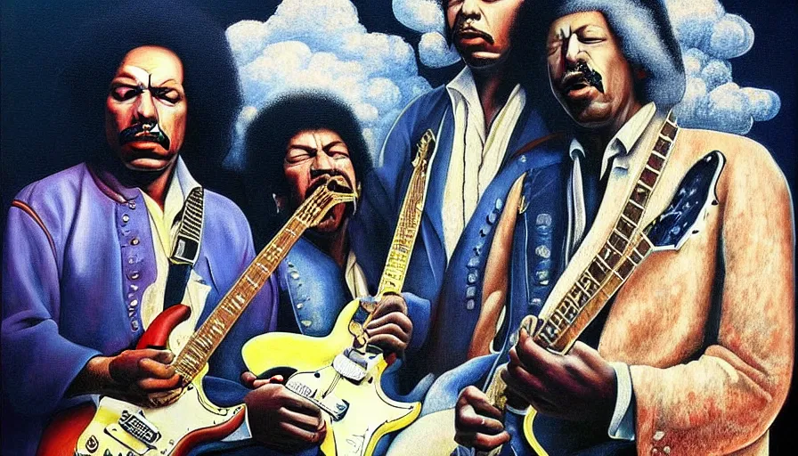 Image similar to photorealistic painting of tim maia, jimi hendrix and b. b king, with very highly detailed face, jamming with electric guitars, sitting on fluffy clouds. realism, beautiful, dramatic by grant wood, johannes vermeer and leonardo da vinci