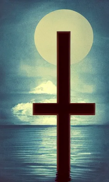 Image similar to upside - down cross rising out of a calm and serene!! ocean, album cover, relaxing tones, muted tones, expressionist, minimalist,