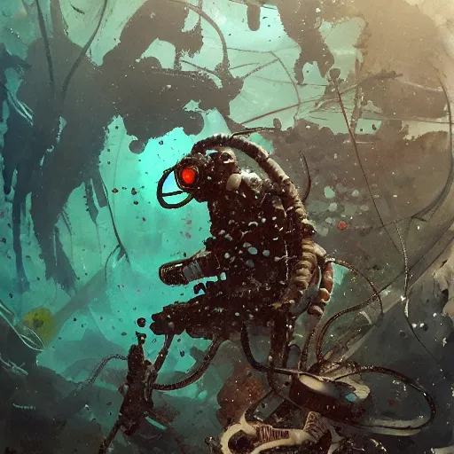 Image similar to diver in an alien aquarium, kelp, coral, solar rays, cyberpunk, realistic, detailed, Industrial Scifi, paint, watercolor, in the style of Ashley Wood and Wadim Kashin