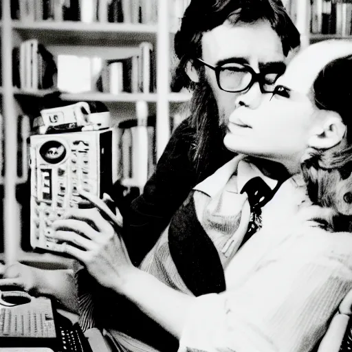 Image similar to a black and white photograph of a computer in love, by robert crumb, by jim henson, high contrast, soft lighting, surreal, film photography