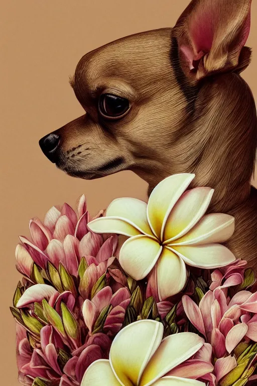 Image similar to ultra realistic illustration, portrait of a tan chihuahua plumeria tropical bouquet background, close up shot, fantasy, intricate, elegant, highly detailed, digital painting, artstation, concept art, smooth, sharp focus, illustration, surrealism