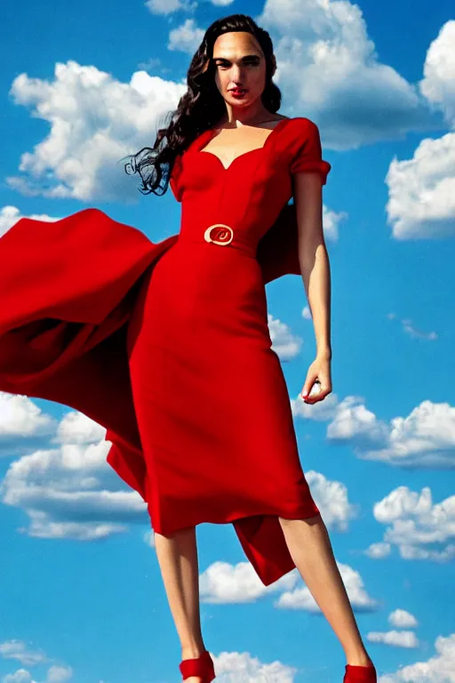 Prompt: full body portrait of gal gadot in the style of bill medcalf, red dress, blue sky with a few clouds, retro, 1 9 5 0, 4 k, detailed, headroom, rule of thirds