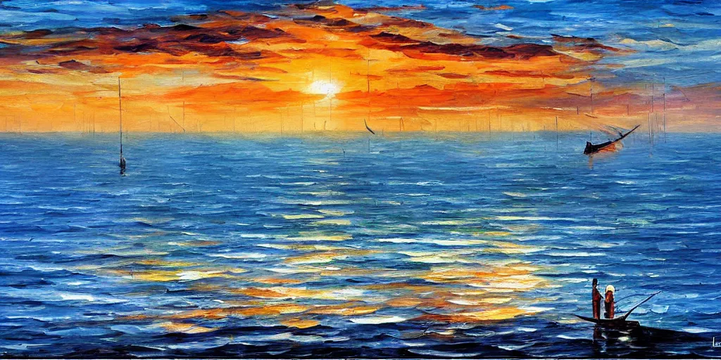 Image similar to rising sun ( ( ( fishing cormorant, fishing boat ) ) ) on the naples bay, by leonid afremov and moebius