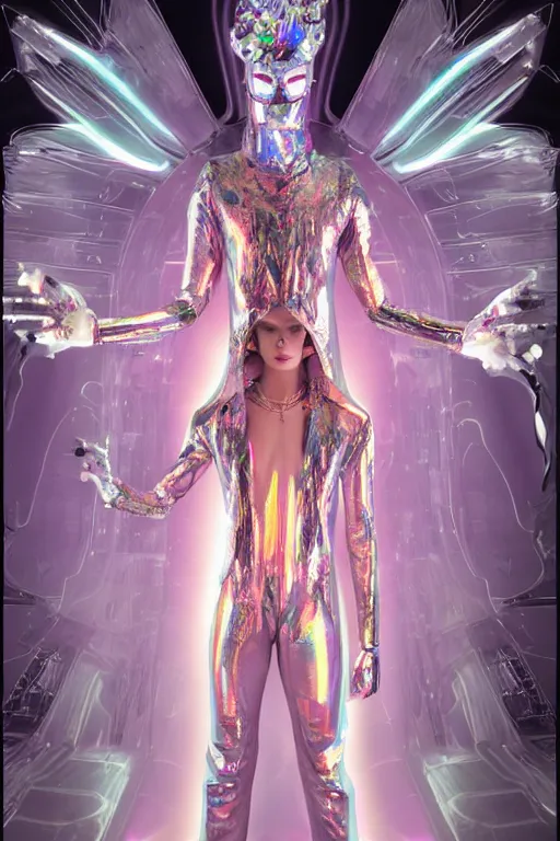 Image similar to full-body rococo and cyberpunk delicate crystalline sculpture of a muscular iridescent slender man as a humanoid deity wearing a thin see-through plastic hooded cloak sim roupa, posing like a superhero, glowing pink face, crown of white lasers, large diamonds, swirling black silk fabric. futuristic elements. oozing glowing liquid, full-length view. space robots. human skulls. throne made of bones, intricate artwork by caravaggio. Trending on artstation, octane render, cinematic lighting from the right, hyper realism, octane render, 8k, depth of field, 3D