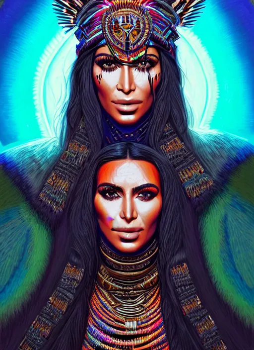 Image similar to portrait of kim kardashian, hyper detailed ultra sharp aztec shaman warrior. trending on artstation, warpaint aesthetic, bloodwave, colorful, psychedelic, ornate, intricate, digital painting, concept art, smooth, sharp focus, illustration, art by artgerm and greg rutkowski and h. r. giger, 8 k