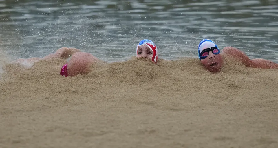 Image similar to olympic swimming in sand instead of water, extremely coherent, motion blur