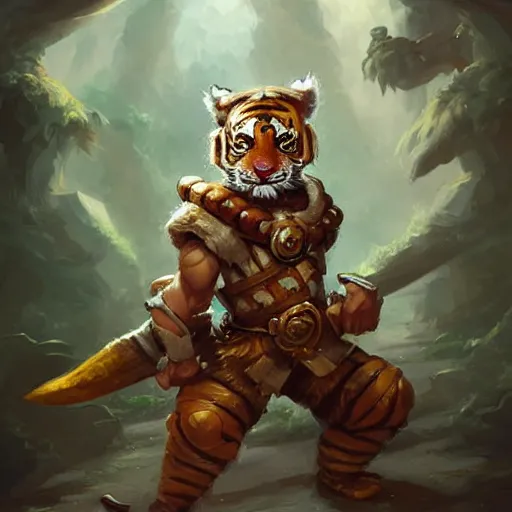 Image similar to cute little anthropomorphic Tiger Warrior, ultra wide lens shot , tiny, small, short, cute and adorable, pretty, beautiful, DnD character art portrait, matte fantasy painting, DeviantArt Artstation, by Jason Felix by Steve Argyle by Tyler Jacobson by Peter Mohrbacher, cinematic lighting