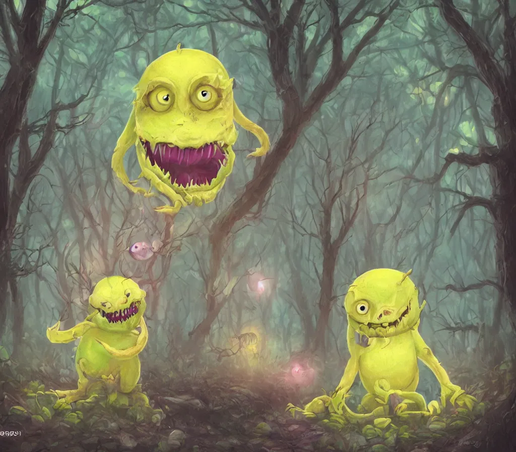 Image similar to a cute lemon monster with sharp teeth in a forest, heavenly, pastel, cute, dark, scary, eerie, trending on artstation, digital art.