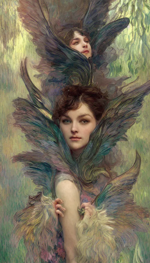 Prompt: illustration studio portrait of three beautiful dark bat winged seraphim female energies in artistic poses in nature, monet painterly motives and textures pattern, hyper detailed, octane render, vivid colors, artstation, by jeremy mann, by alphonse mucha, by monet
