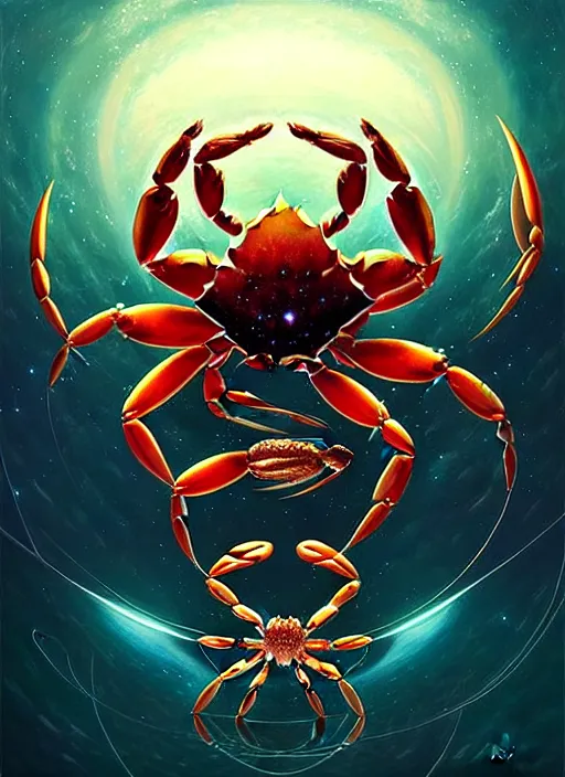 Prompt: symmetry!! cancer the crab!!!! highly detailed, high contrast, light reflection, trippy, nebula, trending on art station by artgem, by peter mohrbacher, by wlop, by ruan jia