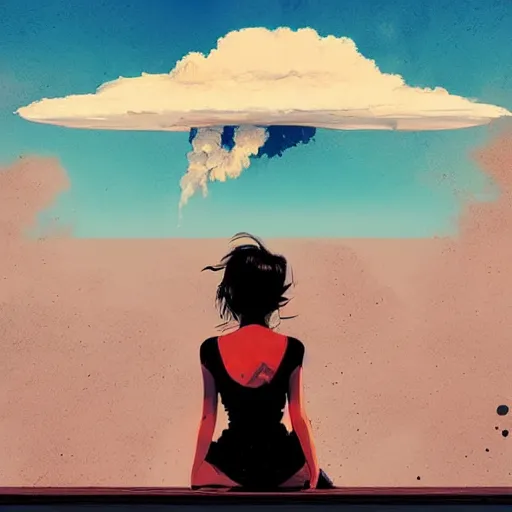 Image similar to girl sitting on a park bench, nuclear explosion in the background, nuclear bomb cloud, by conrad roset, by greg rutkowski, digital art