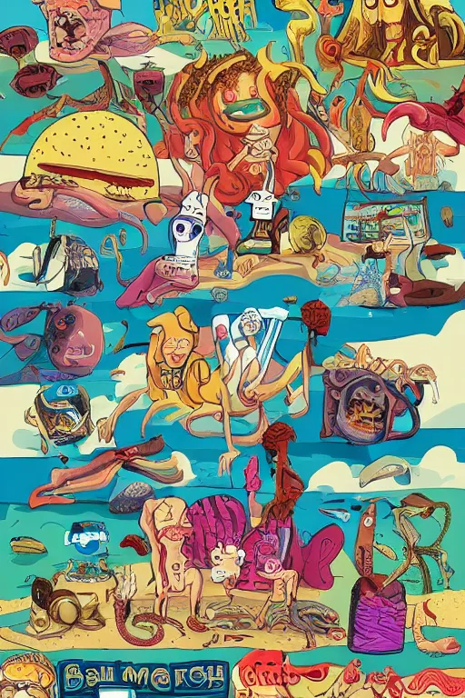 Image similar to beach blanket bingo, body horror, David cronenberg, in the style of Adventure Time