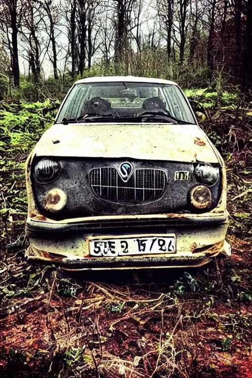 Image similar to “Miserable old Skoda Octavia Combi dirty and broken in a depressing dead forest”