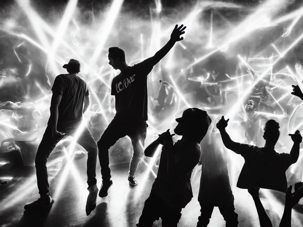 Image similar to white friends rapping in their living room, epic poses, silhouetted, distinct figures, psychedelic hip-hop, laser light show, fog, beams of light, 4k