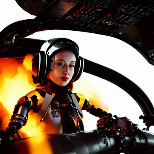 Prompt: beautiful mechanical female complex robot fighter pilot with shiny parts in jet cockpit, piloting while outside is battle with fiery explosions and black smoke