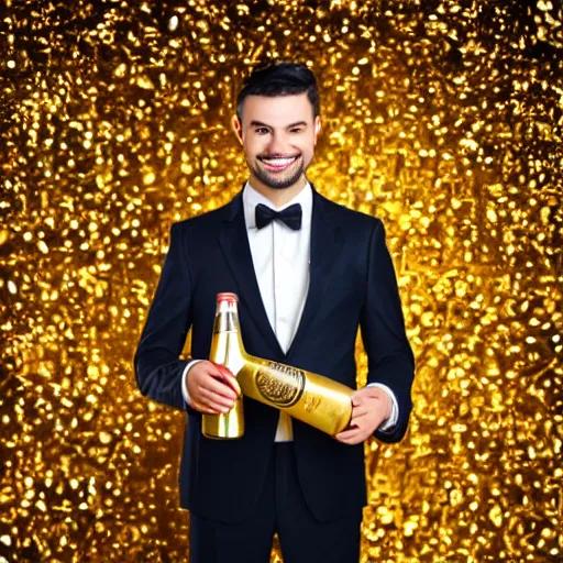 Prompt: handsome beautiful humanoid male robot with wavy dark hair holding gold bottle of champagne, elegant, red lighting, realistic, smooth, gold confetti background,