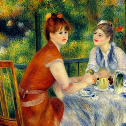 Prompt: an oil painting by renoir of a rhinoceros having a cup of tea on the patio with an elegant lady