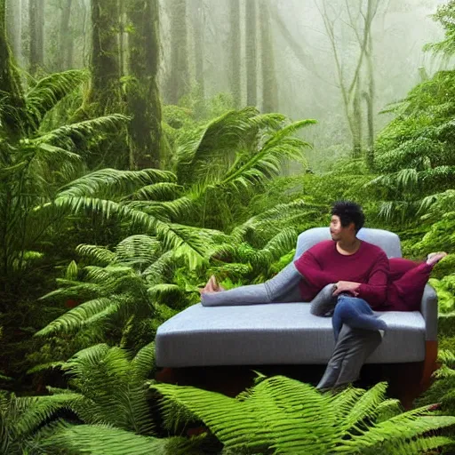 Image similar to a full length portrait of a giant autonomous sofa in a misty rainforest, surrounded by lush ferns and fir trees. surrounded by mountains and clouds and mist. featured on