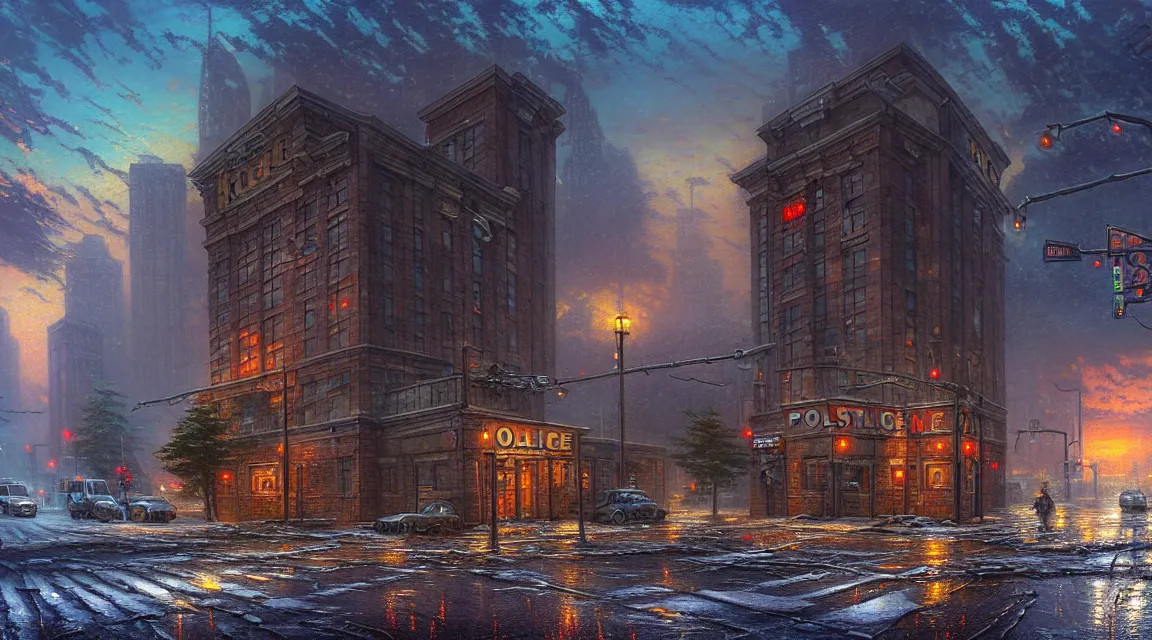 Prompt: post - apocalyptic police station, building, avenue, apocalyptic architecture, paved roads, by thomas kinkade, highly detailed photography