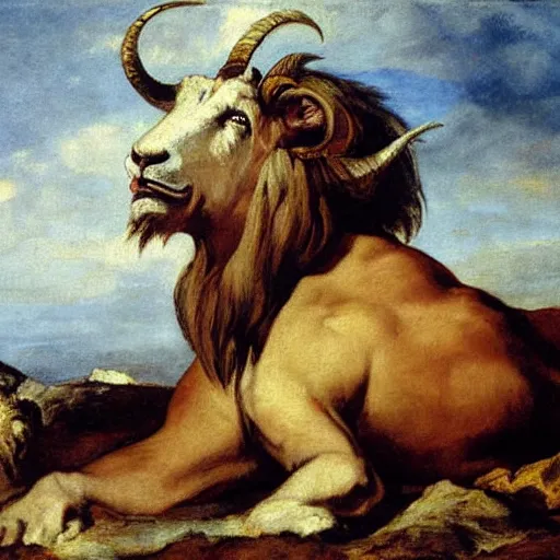 Image similar to half goat, half lion, painting by Eugene Delacroix, highly detailed