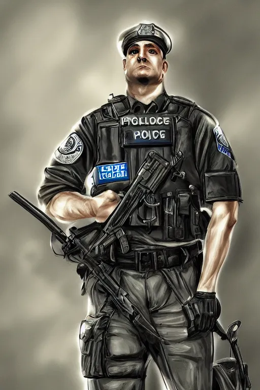 Image similar to london police officer heroically posing, highly detailed, digital art, sharp focus, trending on art station