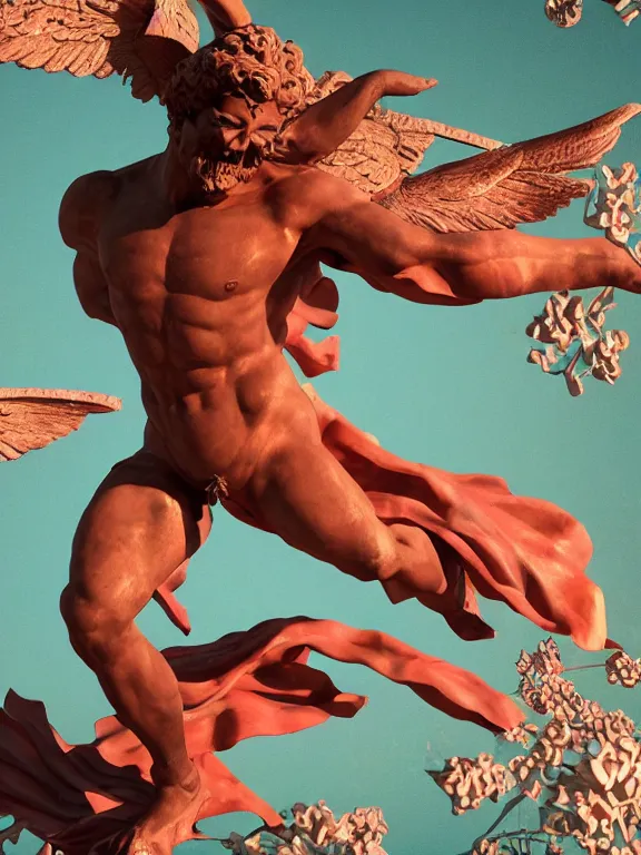 Prompt: a falling man in the form of a Greek sculpture apollon with wings sinking in lake bubbling red wax, super hero pose, skull, flowers, baroque. intricate artwork by marvel comix style. Trending on artstation. octane render, cinematic, hyper realism, octane render, 8k, depth of field, bokeh. iridescent accents. vibrant. teal and gold and red colour scheme