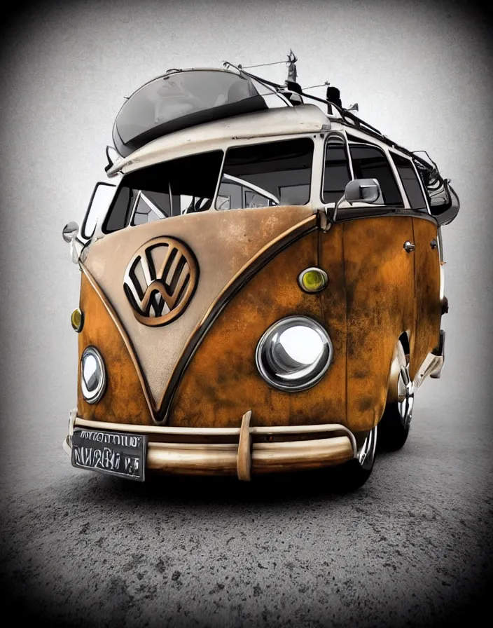 Prompt: ultra realistic steampunk volkswagen bus, dramatic lighting, driving on autobahn,