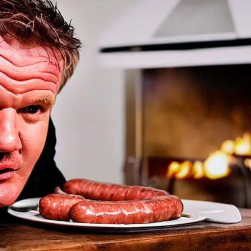 Image similar to gordon ramsey eating sausages with sauce and not liking it, high quality photograph, photorealist F1.8