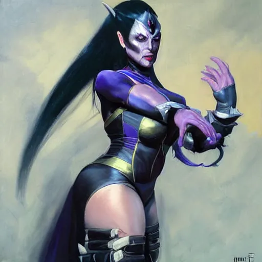 Prompt: greg manchess portrait painting of sindel from mortal kombat as overwatch character, medium shot, asymmetrical, profile picture, organic painting, sunny day, matte painting, bold shapes, hard edges, street art, trending on artstation, by huang guangjian and gil elvgren and frank frazetta