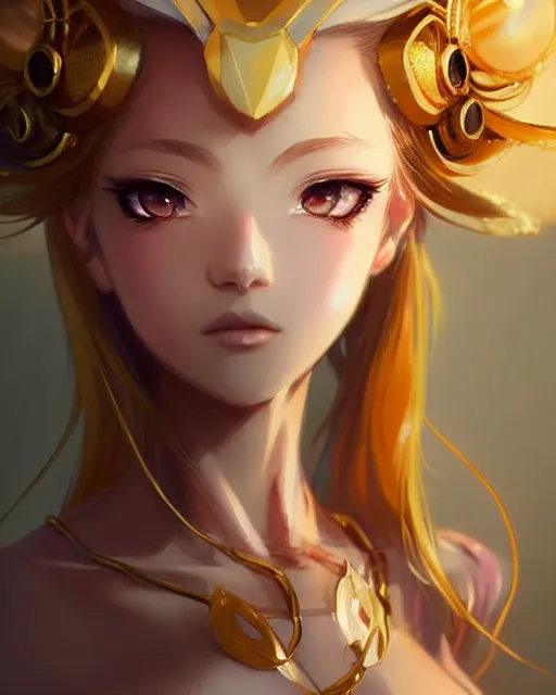 Prompt: character concept art of an anime goddess of gold and precious gems | | cute - fine - face, gossamer clothing, pretty face, realistic shaded perfect face, fine details by stanley artgerm lau, wlop, rossdraws, james jean, andrei riabovitchev, marc simonetti, and sakimichan, tranding on artstation