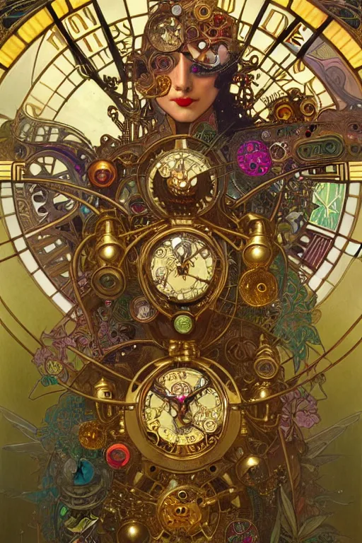 Prompt: detailed armour of multicolored jewels with gold bugs and beetles , huge mechanical clocks, gold plated vegetation, intricate details, realistic shaded , steampunk, cyberpunk, highly detailed, artstation, illustration by alphonse mucha and Greg Rutkowski, art nouveau