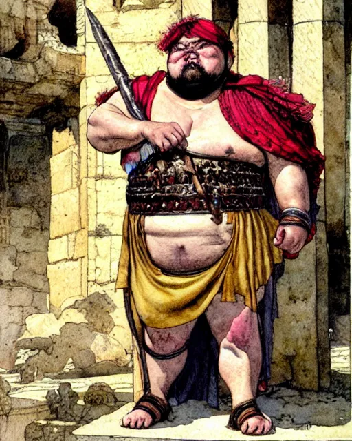 Image similar to a realistic and atmospheric watercolour fantasy character concept art portrait of a fat adorable chibi bulldog roman centurion in a roman temple, by rebecca guay, michael kaluta, charles vess and jean moebius giraud