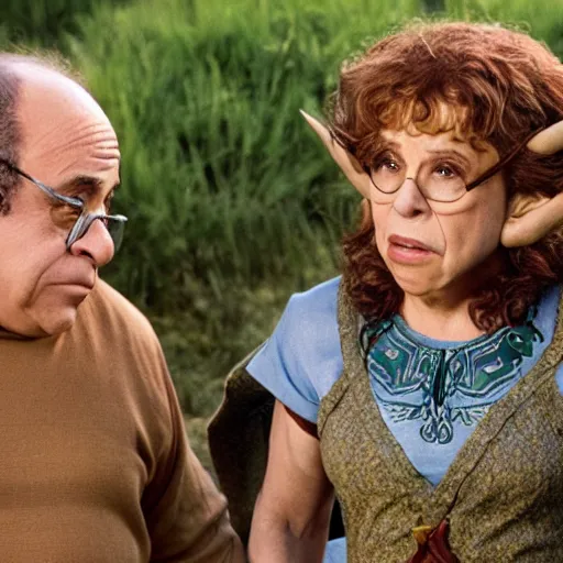 Prompt: Danny DeVito as Link, Rhea Perlman as Zelda, cinematic still