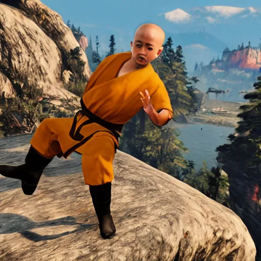 Prompt: Baby shaolin monk practicing kung fu on a mountain top, RDR 2 mod