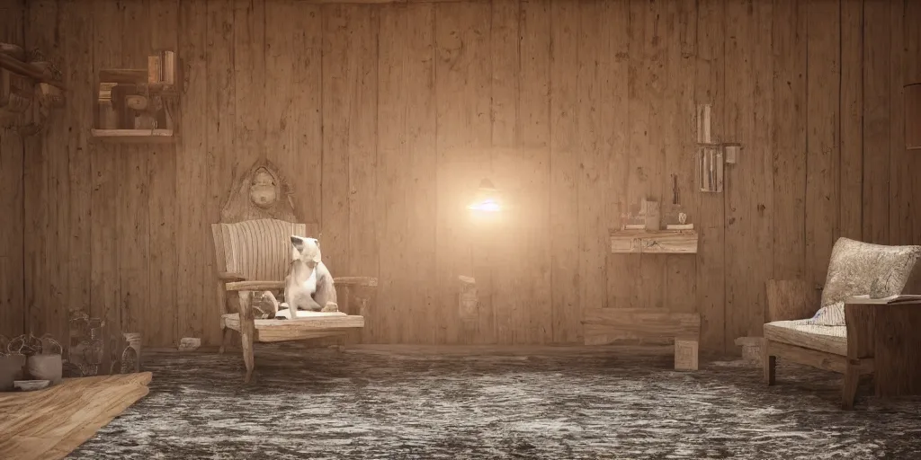 Image similar to dog armchair in an empty wooden cabin, by h. r. giger, soft natural volumetric lighting, beautifully detailed 4 k octane render, 4 k post processing