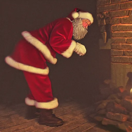 Prompt: a grainy photo of santa claus climbing down a chimney at night, shot with an old polaroid camera, grainy vhs texture 4 k, realistic, unreal engine 5, sharp details, 3 0 0 dpi